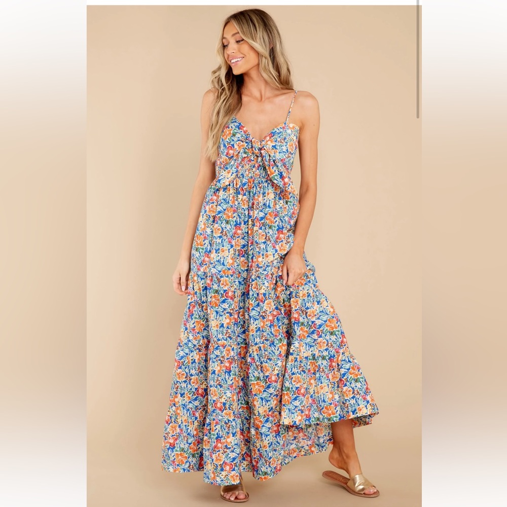 Home Free Blue Multi Floral Print Cotton Midi Dress